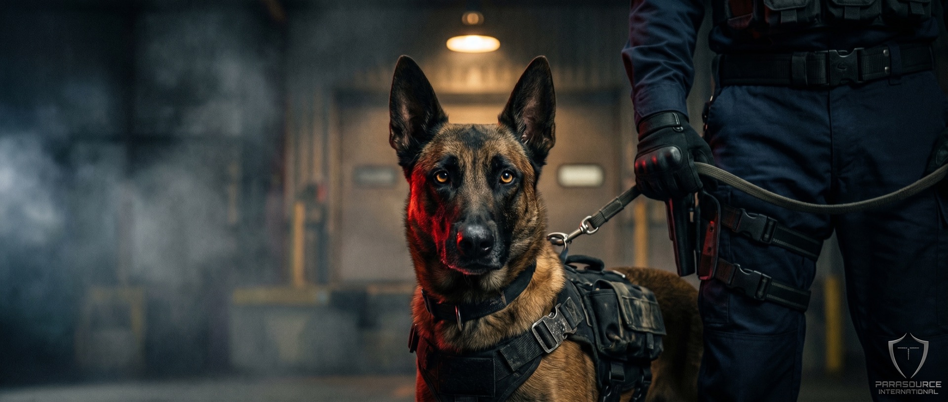 Trained K9 with handler at night