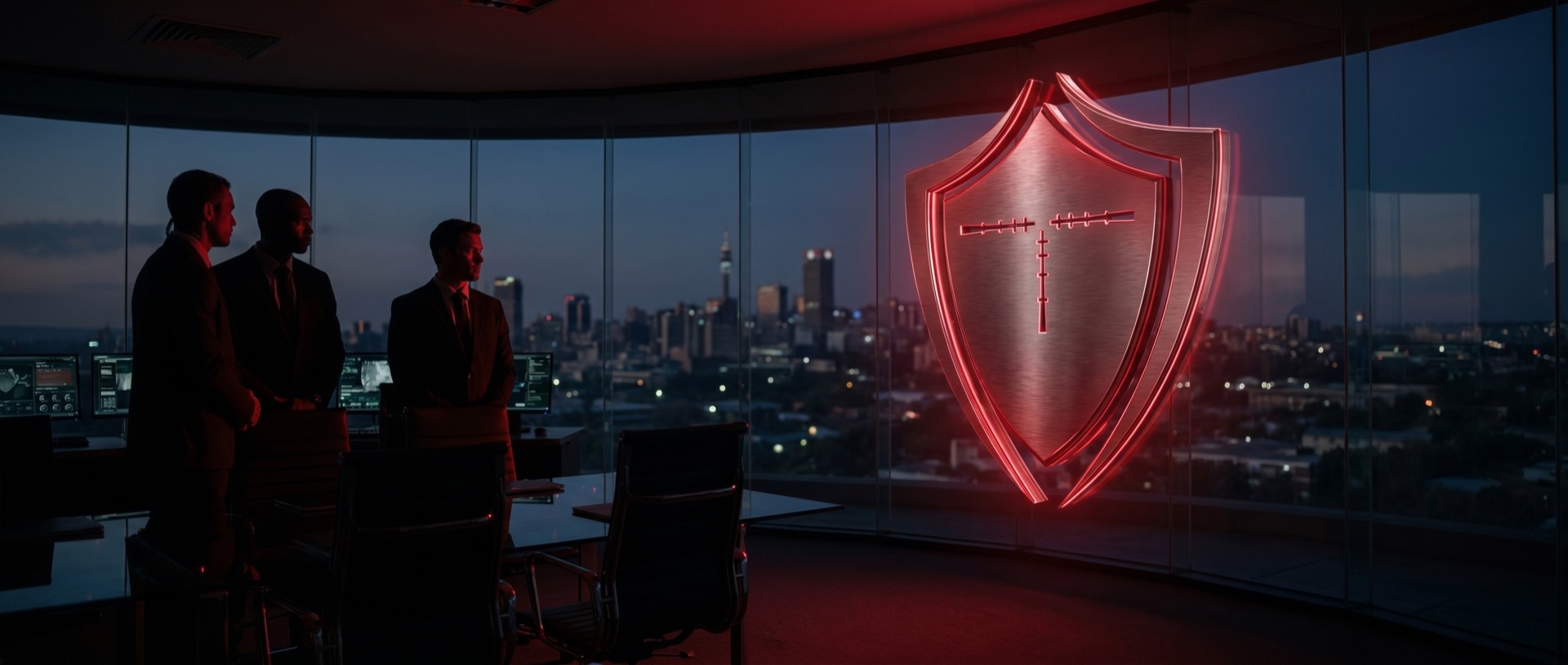 Parasource International operations centre with the brand shield projected on a glass wall